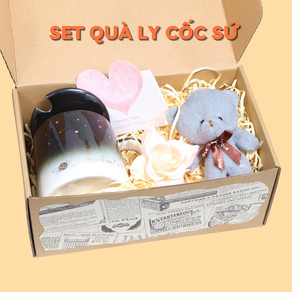 Set hộp quà cốc sứ phong cách vintage, hộp quà tặng kèm gấu và hoa tặng người yêu, bạn thân