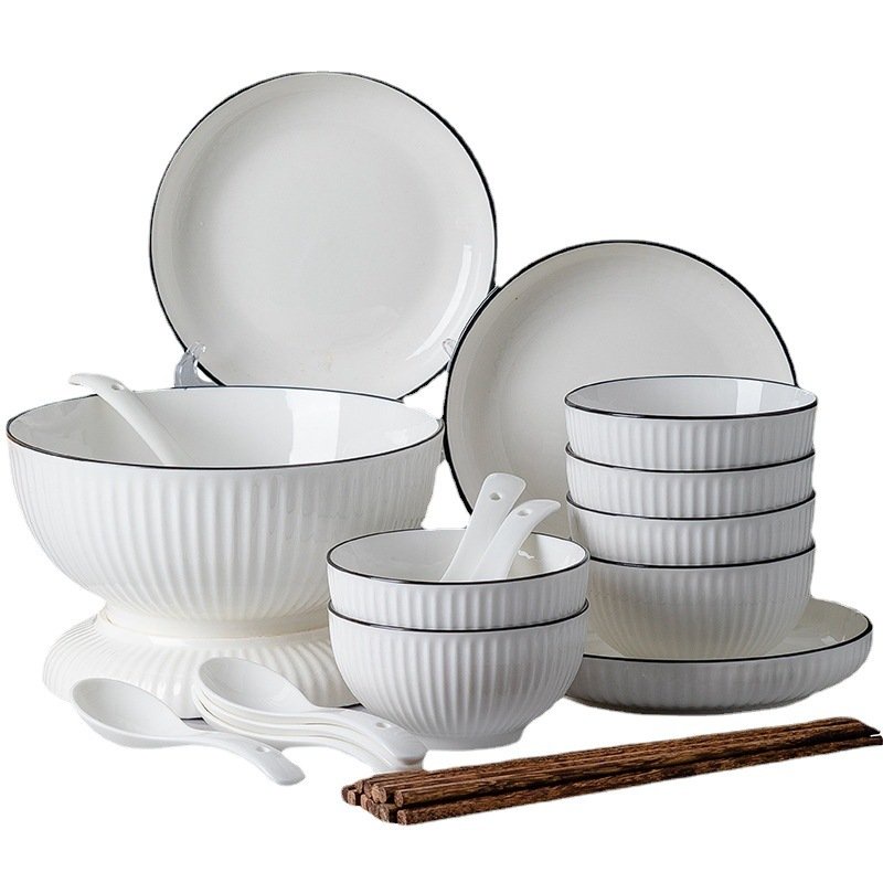 Bán lẻ bát ăn cơm, đĩa, tô màu trắng viền đen phong cách châu Âu cao cấp sang trọng