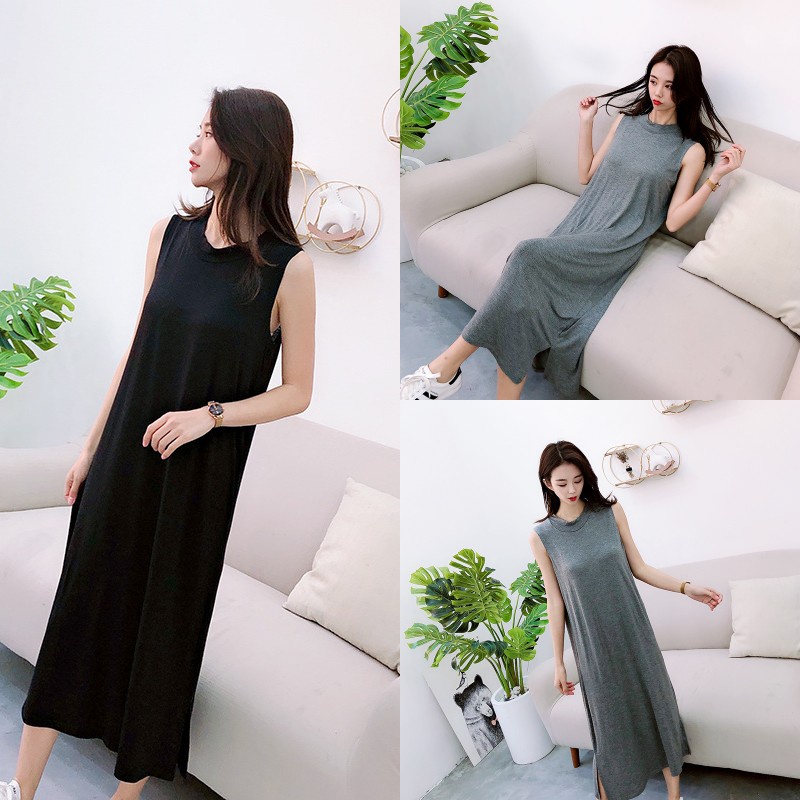 Đầm Ngủ Cotton Dáng Rộng Không Tay Màu Đen Trơn Thời Trang Xuân Hè Cho Nữ