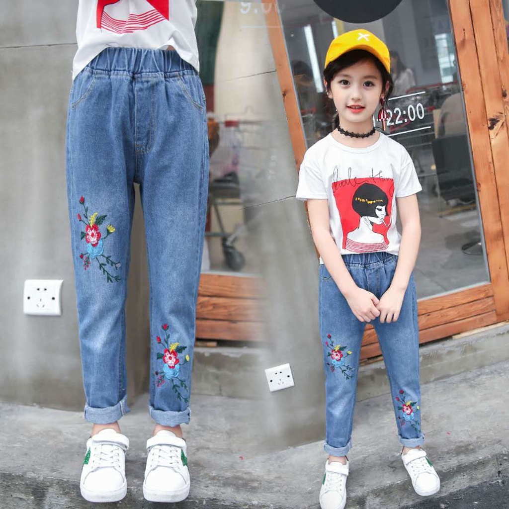 YAOEENH Quần Jeans Dài 100-160cm Thời Trang Cho Bé Gái