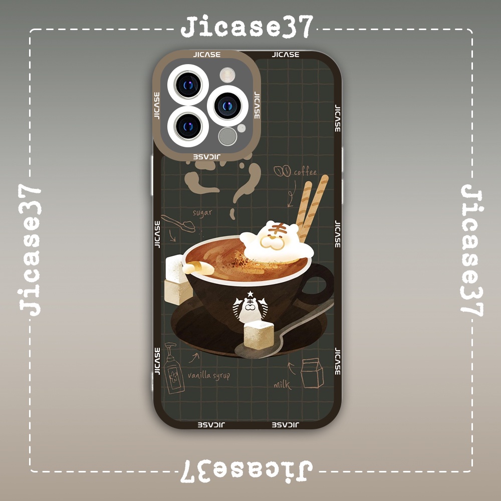 Ốp lưng iphone cạnh vuông Jicase JMcase Gấu Trắng Cà Phê Cute White Bear Coffee x/xs/11/12/pro/max/plus/promax
