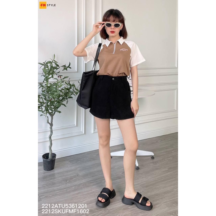 Áo polo trơn form rộng FM STYLE thời trang nữ có cổ đẹp thiết kế khoá zip hoạ tiết hình thêu 22120488