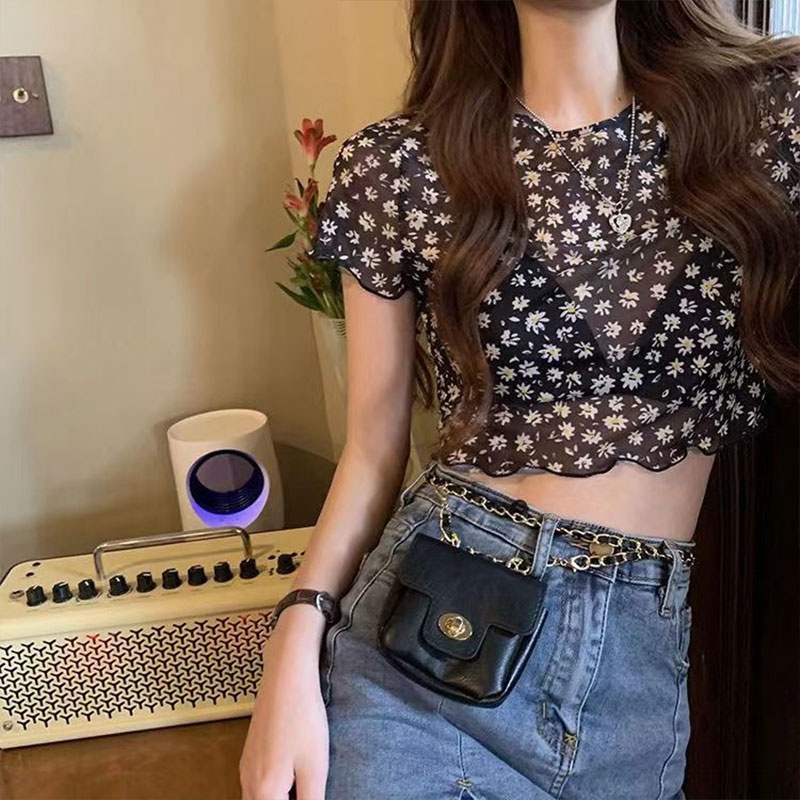 Áo Thun Lưới Mỏng Tay Ngắn Xuyên Thấu In Họa Tiết Hoa Cúc Nhỏ Thời Trang Mùa Hè Quyến Rũ Cho Nữ
