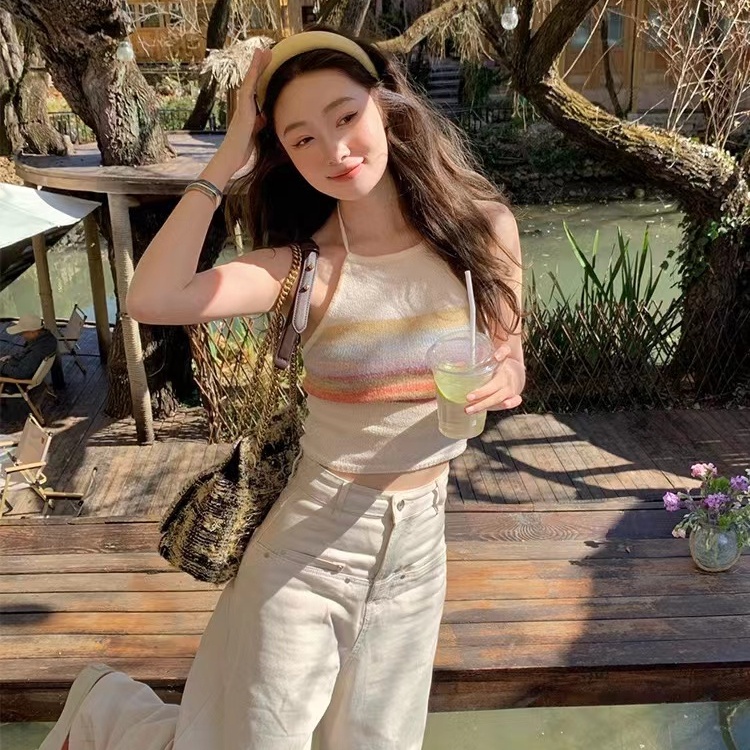 SUXI Áo Hai Dây Dệt Kim Hở Lưng Họa Tiết Kẻ Sọc Thời Trang Mùa Hè