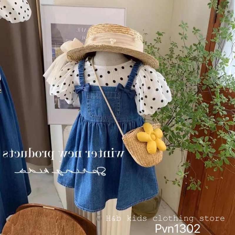 Set yếm váy Jeans/bò mềm 2 chi tiết kèm áo chấm bi tay bồng siêu cưng cho bé 7-17kg