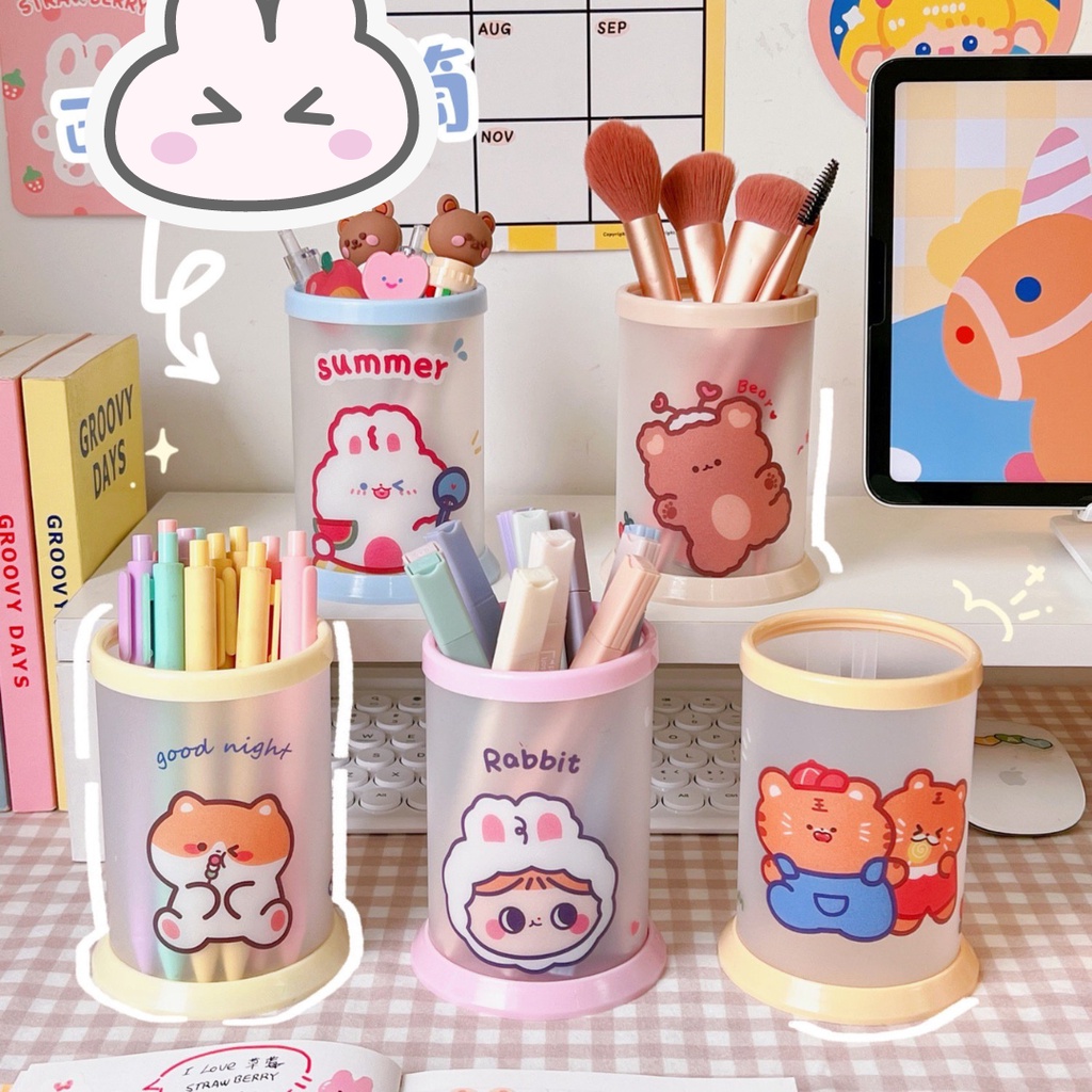 Ống Cắm Bút Hình Tròn Tự Lắp Ghép Chất Liệu Nhựa Cứng Cáp, Hoạ Tiết Cute Dễ Thương