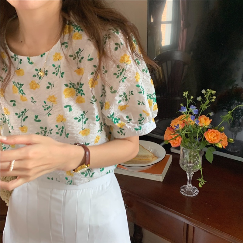 Áo Sơ Mi Ngắn Tay Cổ Tròn Họa Tiết Hoa Thời Trang Hàn Quốc