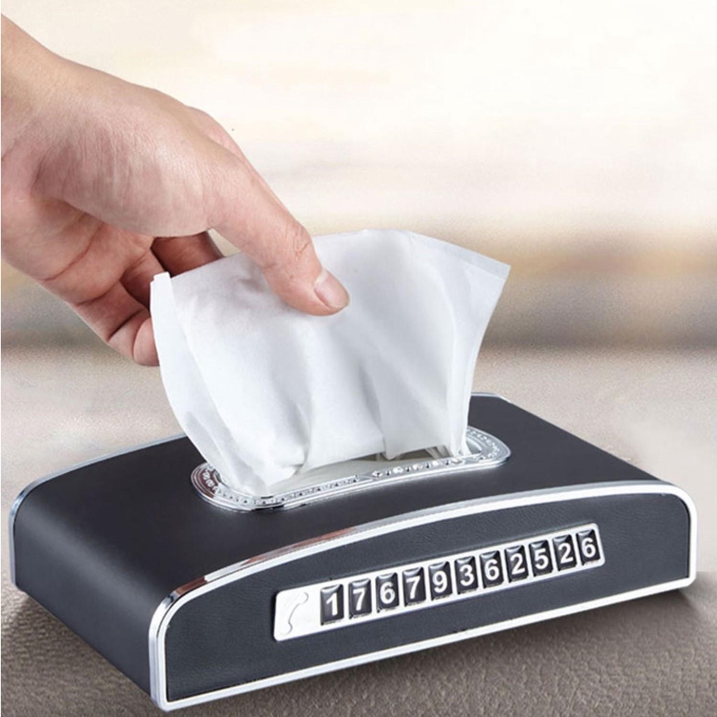 Hộp đựng giấy ăn bọc da cao cấp trên ô tô 3 chức năng tích hợp đồng hồ và bảng số điện thoại tiện lợi