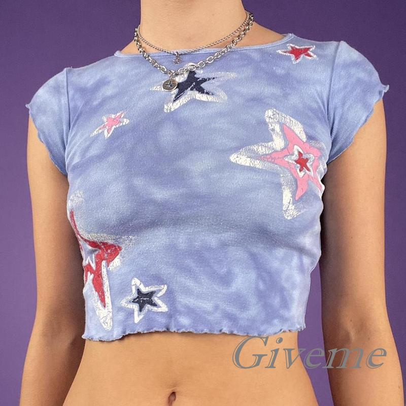 Áo Thun Crop Top Tay Ngắn In Họa Tiết Ngôi Sao / Bông Hoa Thời Trang Mùa Hè Cho Nữ