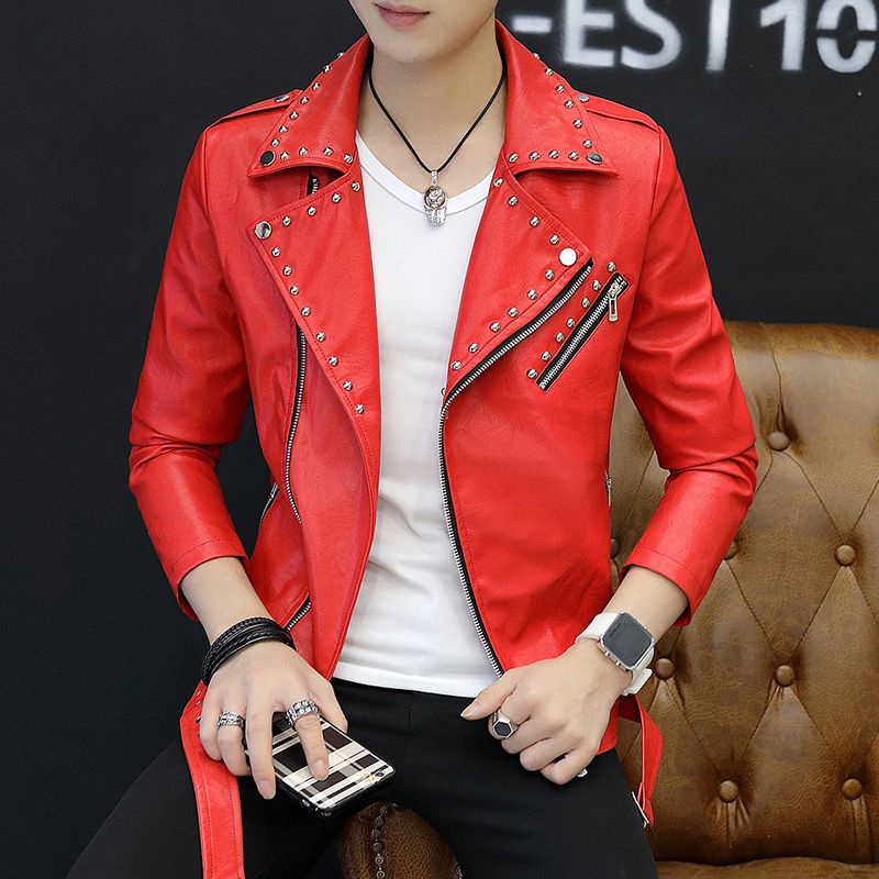 Áo Khoác Da Dáng Ôm Đính Đinh Tán Phong Cách Hàn Quốc Thời Trang Xuân Thu Cho Nam