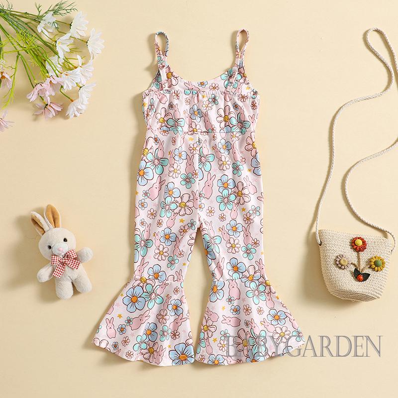 Bộ Áo Liền Quần Không Tay In Hình Thỏ Và Hoa Dễ Thương Cho Bé Gái 1-5 Tuổi