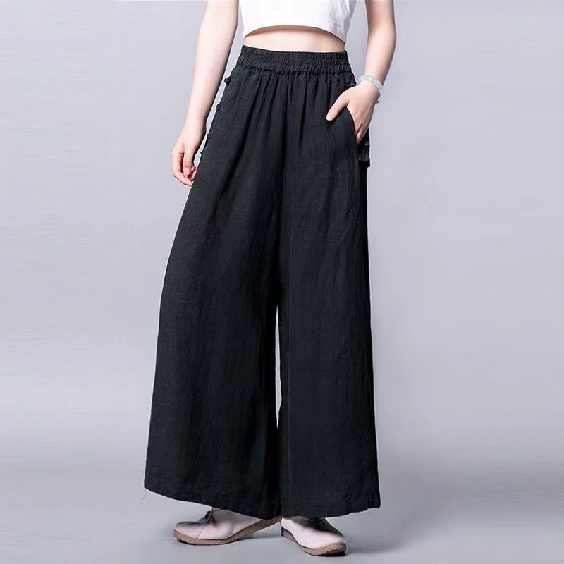 ICE Cotton and Linen Pants Draping Wide-Leg Pants Thin Cropped Large Swing Pants Skirt Elastic Waist Breathable Casual Withdrawal Cut Label Tail Order