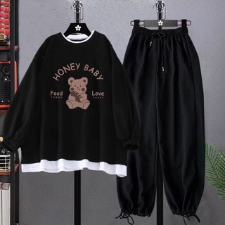 Sét áo sweater gấu Honey Nỉ cotton in 5D siêu nét phối gấu trắng kèm quần bom dây rút.