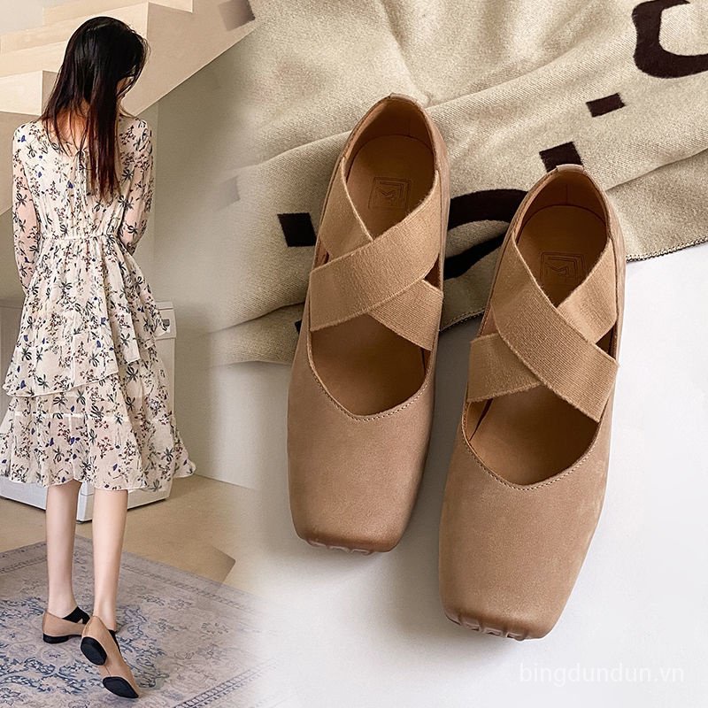 Giày Múa Ba Lê Mũi Vuông Đế Bằng Thắt Dây Chéo Phong Cách Retro Dành Cho Nữ