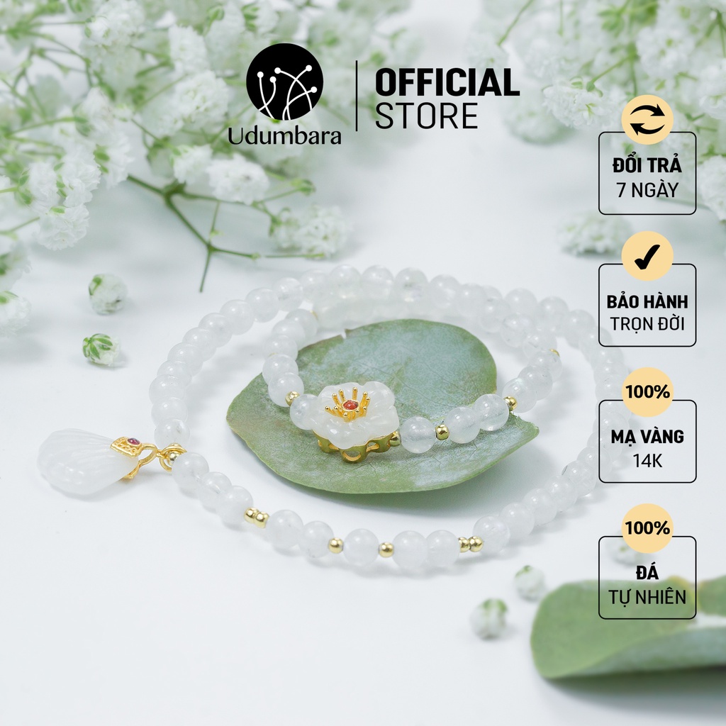 Vòng tay nữ đá mặt trăng hoa mận trắng phối linh lan mạ vàng bình an tài lộc phong thủy Udumbara