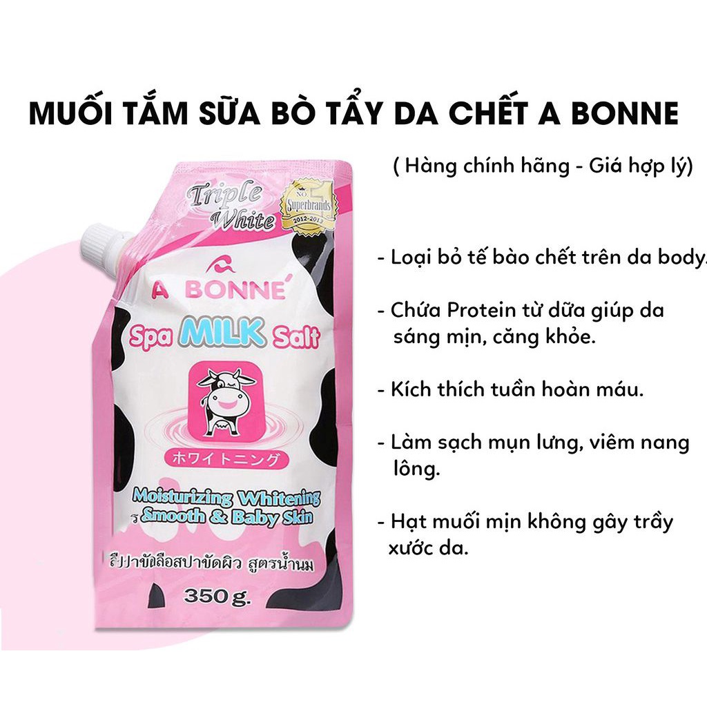 Muối tắm Sữa Bò, Sữa Chua, Vitamin C, tẩy da chết Spa A Bonne' (350G), Thái Lan, có vòi