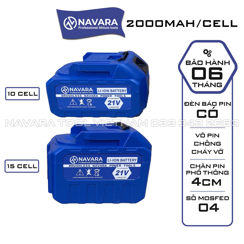 Pin Navara 10 cell, 15 cell Mạch 4 mosfed chống cháy, chống va đập chân pin phổ thông 4cm Cell 2000mAh
