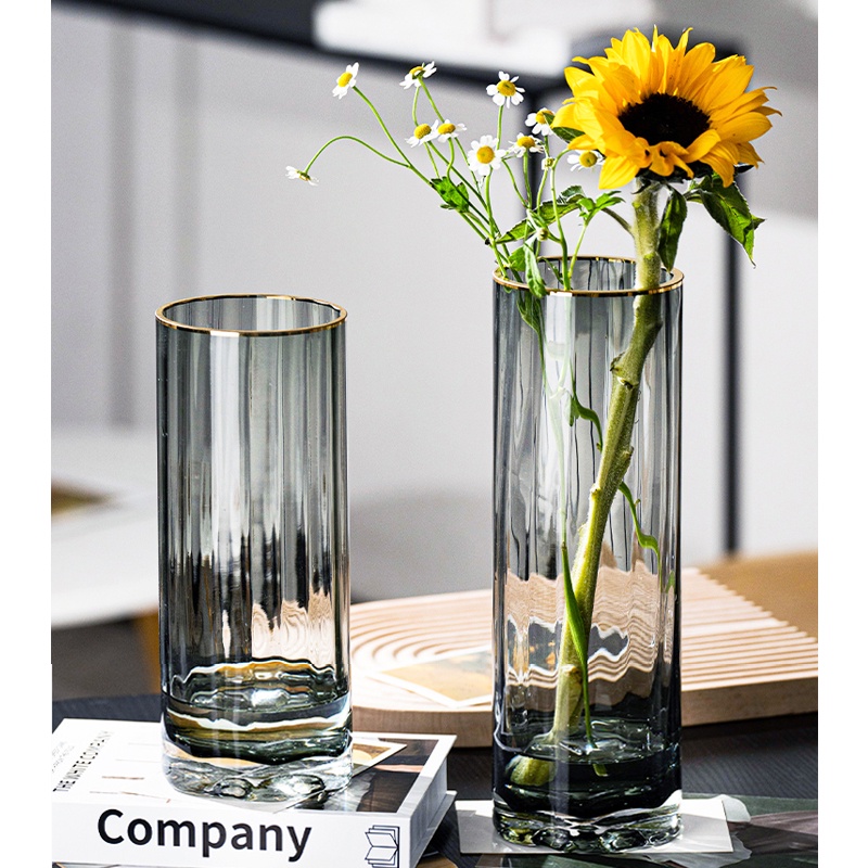 Bình hoa thủy tinh trụ viền vàng decor phòng ngủ và trang trí phòng khách cao cấp