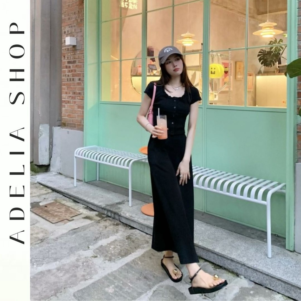 「ADELIA」Set Áo Ôm Cổ Tròn Viền Bèo Và Chân Váy Dáng Dài Xòe Chất Thun Gân 3 Màu Basic Hàng Quảng Châu