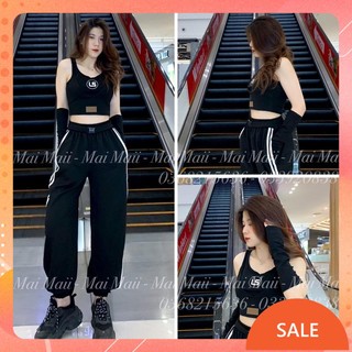 Bộ thể thao nữ, bộ quần jogger sọc áo ba lỗ kèm găng tay hothit maianhshop