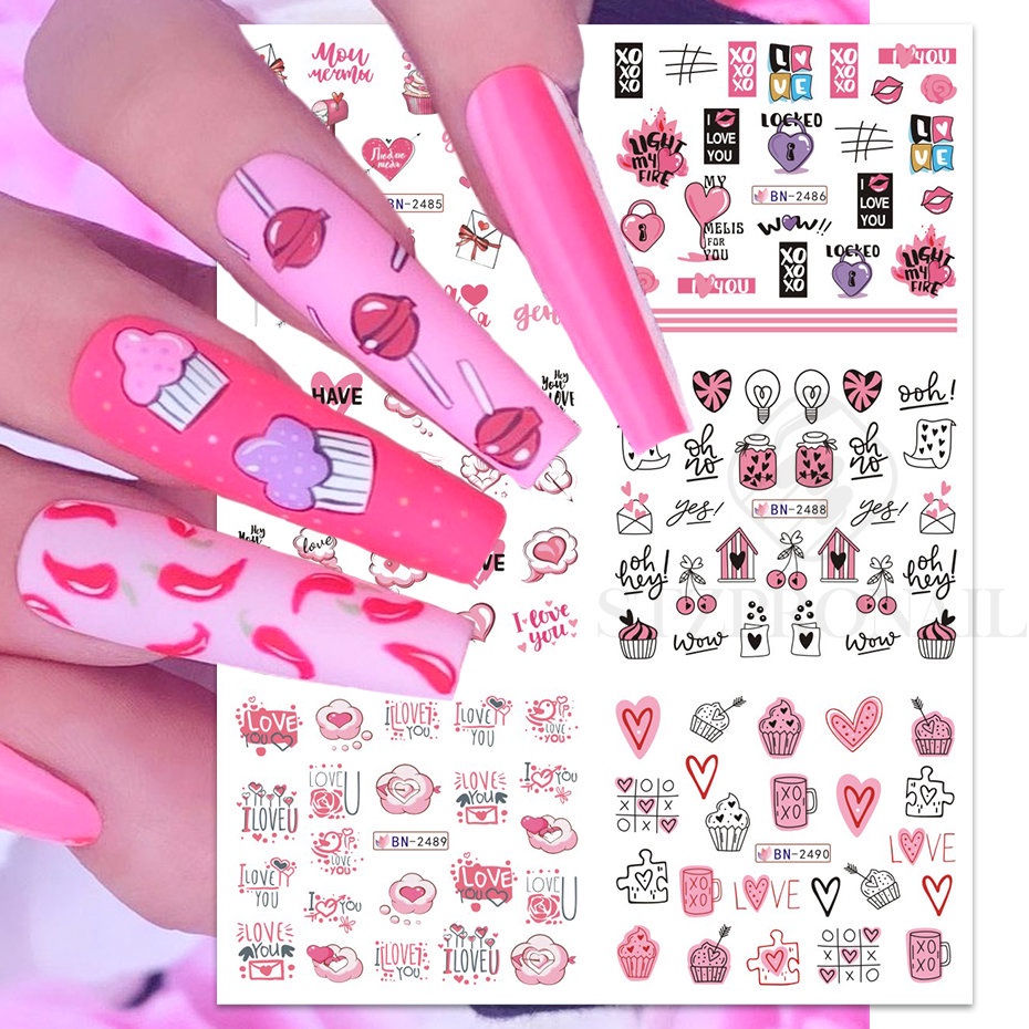 Set 12 đề can nước STZPRONAIL hình kẹo/ trái tim màu hồng dễ thương dùng trang trí móng nghệ thuật
