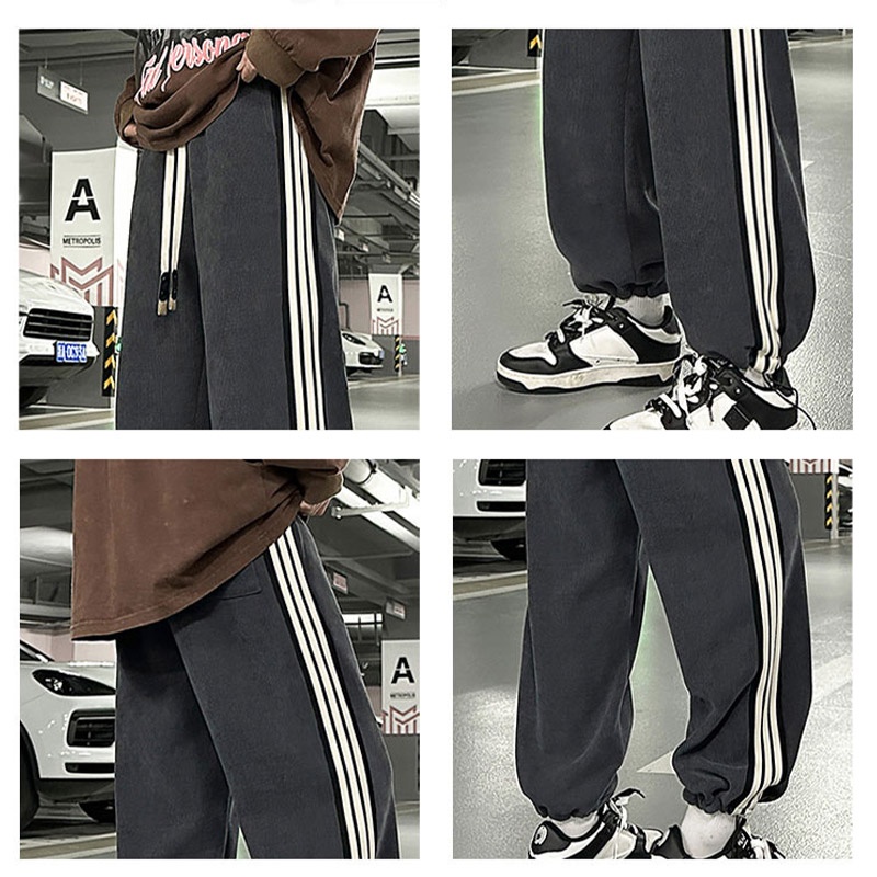Quần dài AOKANG ống rộng họa tiết kẻ sọc bên phong cách Hàn Quốc thời trang dành cho nam