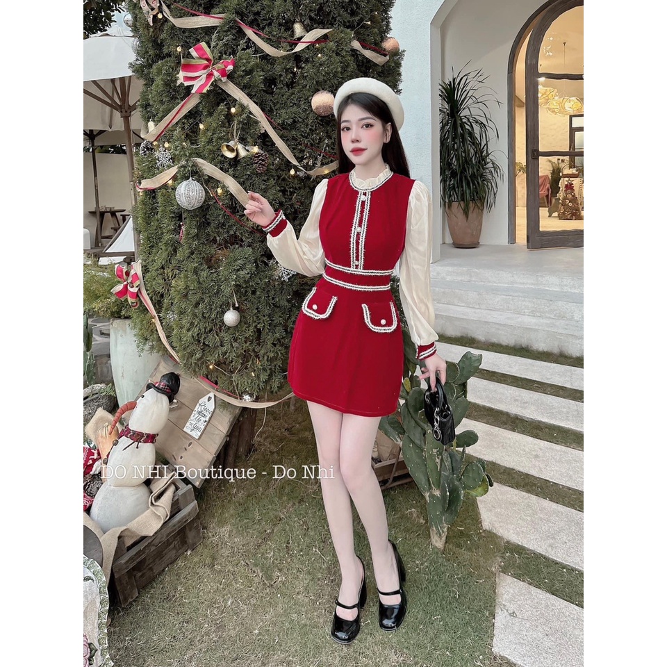 [3.3 Sales Freeship] Đầm thiết kế, đầm nhung chữ A cổ bèo phối viền trắng đính nút tay voan trằng đi tiệc sang trọng mtb