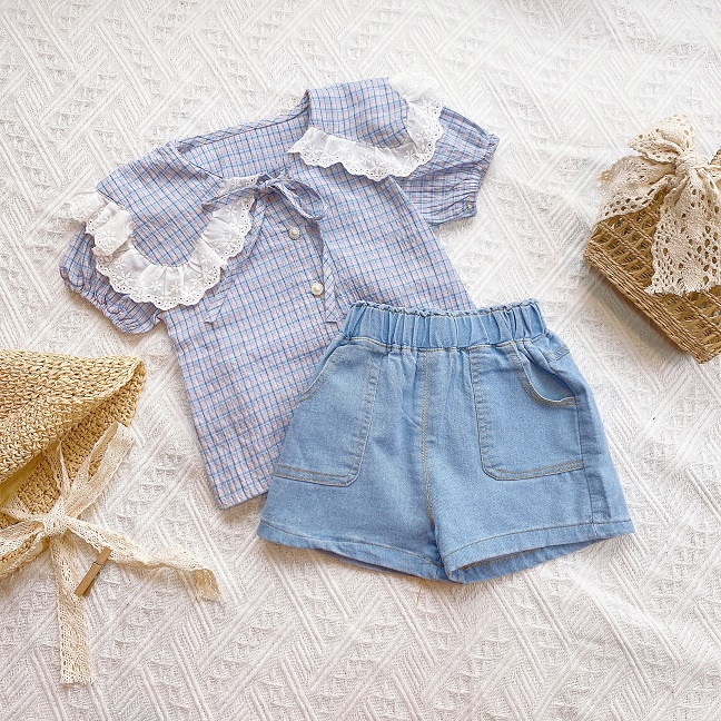 Set áo kiểu caro tay ngắn bé gái quần jean đùi MINTSCLOSET Mint's Closet đồ bé gái 1 2 3 4 5 tuổi - GA2111