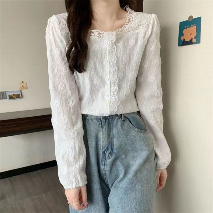 Áo Thun Tay Dài Cổ Vuông Phối Ren Thoải Mái Thời Trang Mùa Thu Mới 2023