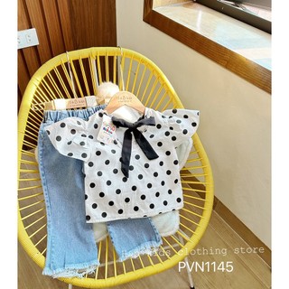 Bộ chấm bi nơ lưng + quần jean bé gái