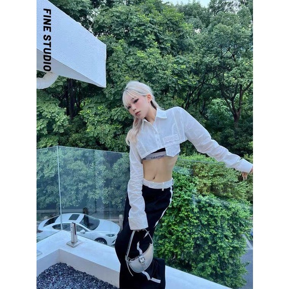 Fine Studio Nuth Áo Sơ Mi Trắng Cấu Trúc Không Eo Phong Cách Mới Mùa Hè Siêu Mỏng Dài Tay Ôm Dáng Vừa Vặn Cho Nữ