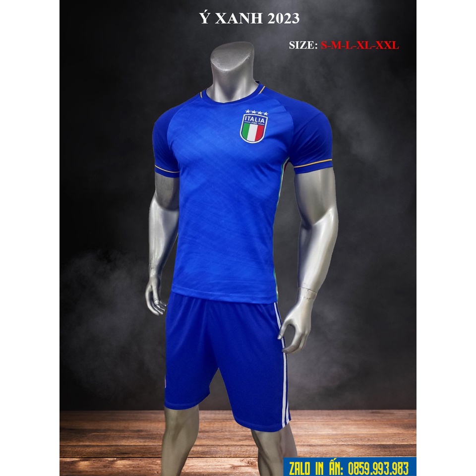 Quần Áo Bóng Đá Italia Logo Thêu, Bộ Quần Áo Đá Banh Tuyển Ý Thun Lạnh Cao Cấp A20