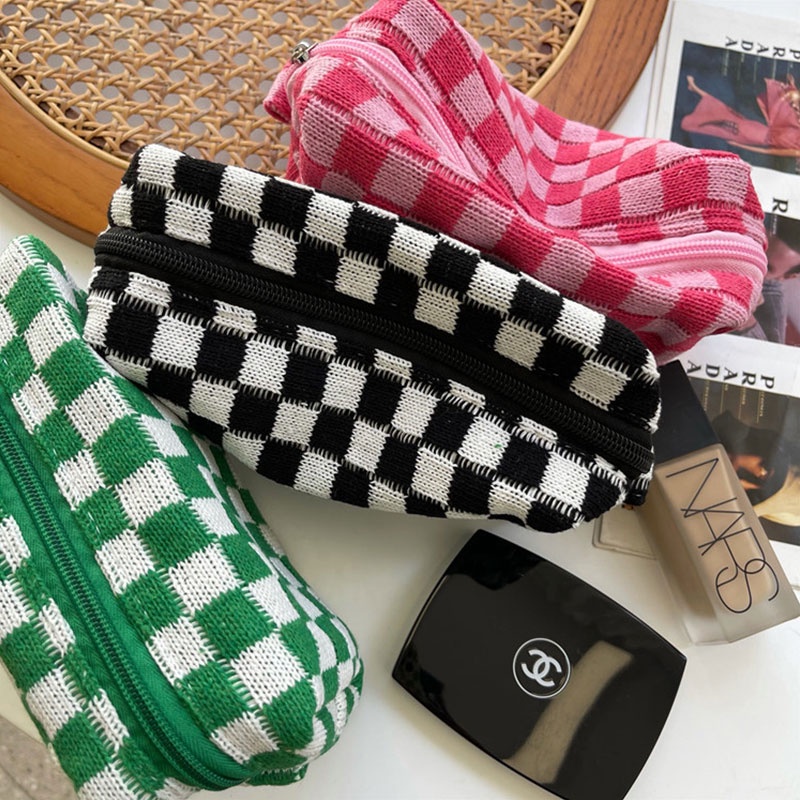 Túi đựng bút mỹ phẩm YAZHOULONG đan len kẻ sọc ca rô màu sắc tương phản sức chứa lớn phong cách Hàn Quốc thời trang