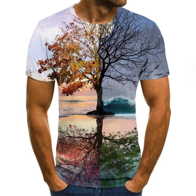 Mới Áo nam Ngắn Tay Cổ Tròn In Hình Cây 3D Size S-3XL