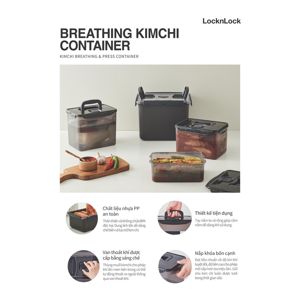 Hộp muối kim chi LocknLock Breathing Kimchi 4.5L – Màu xám đậm