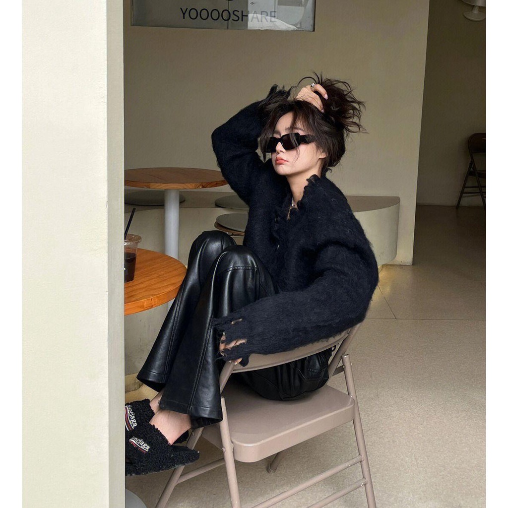 Bộ Áo Sweater Ngắn Dáng Ôm + Quần Da Dài Ống Rộng Phong Cách Hàn Quốc Thời Trang Mùa Thu Cho Nữ