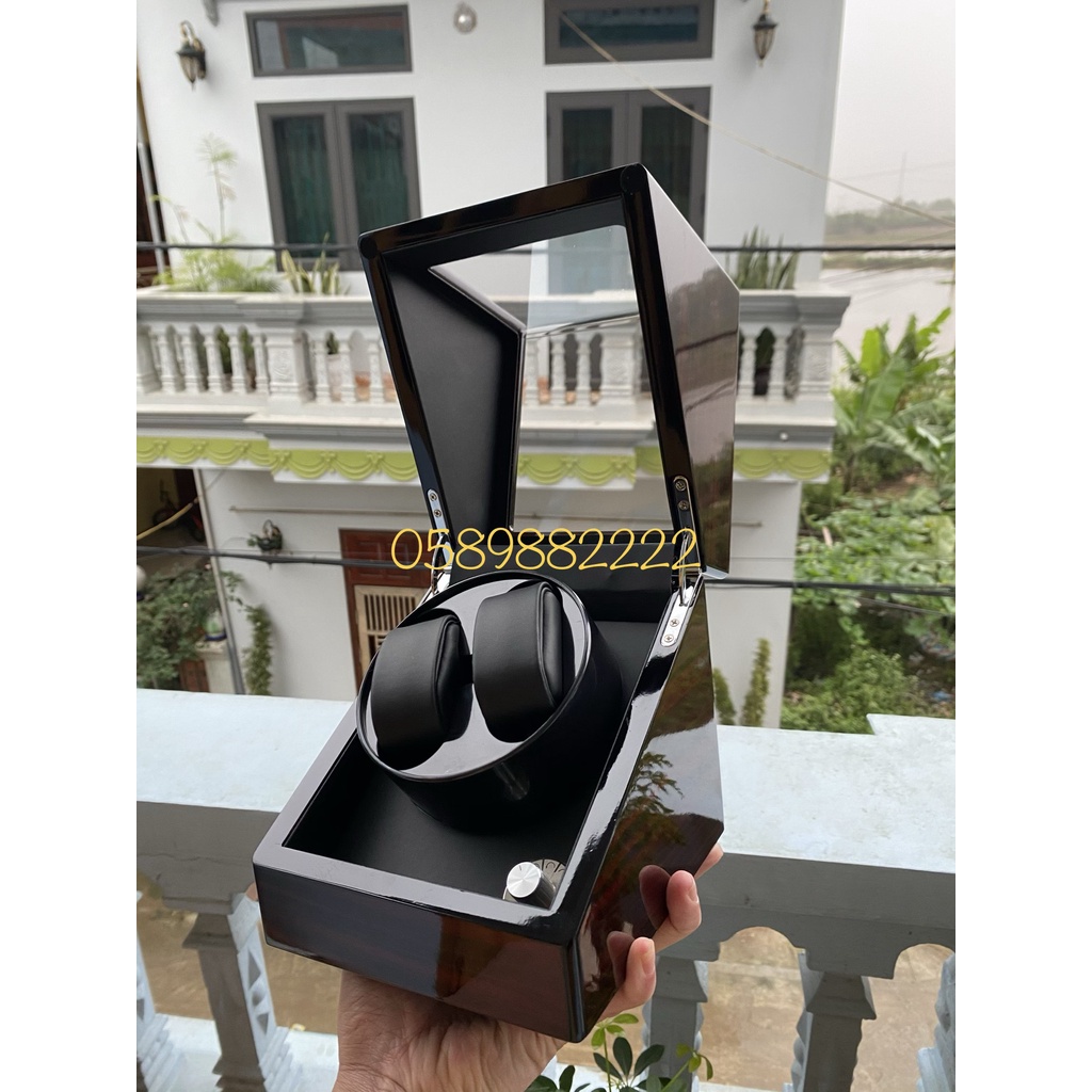 Hộp xoay đồng hồ cơ - Vỏ Gỗ Sơn Mài Vân Gỗ - 4 chế độ xoay có đèn led - Mở lắp tự dừng