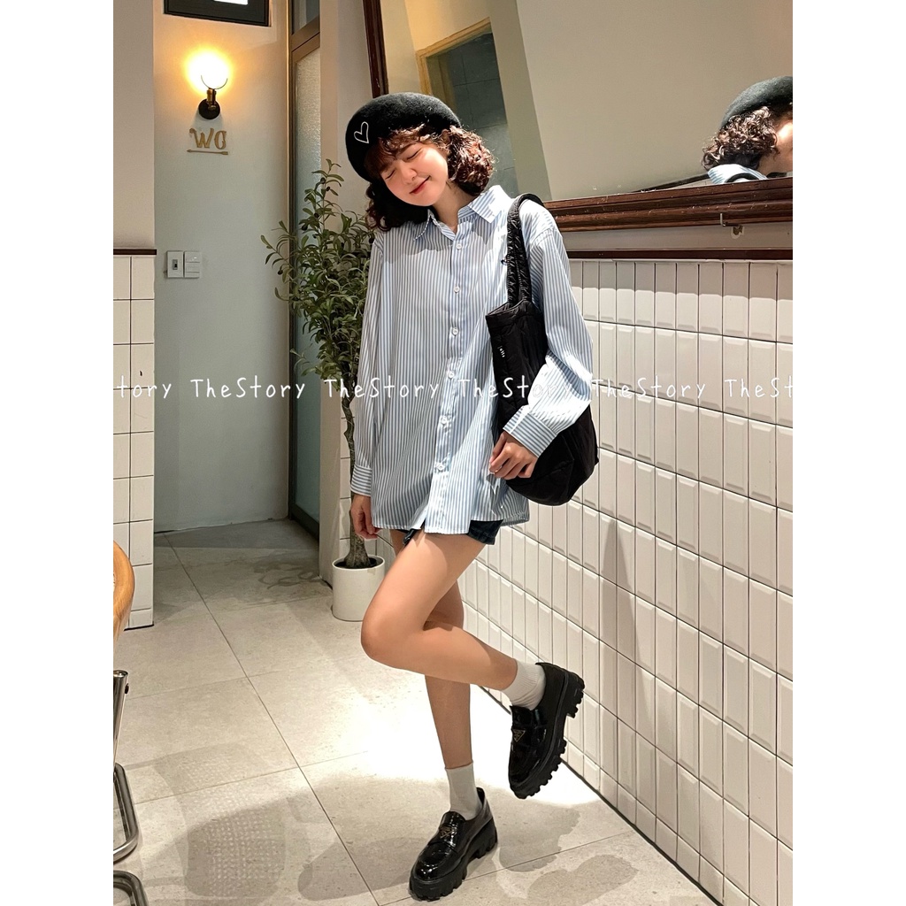 Áo sơ mi sọc xanh có thêu hình  A2813