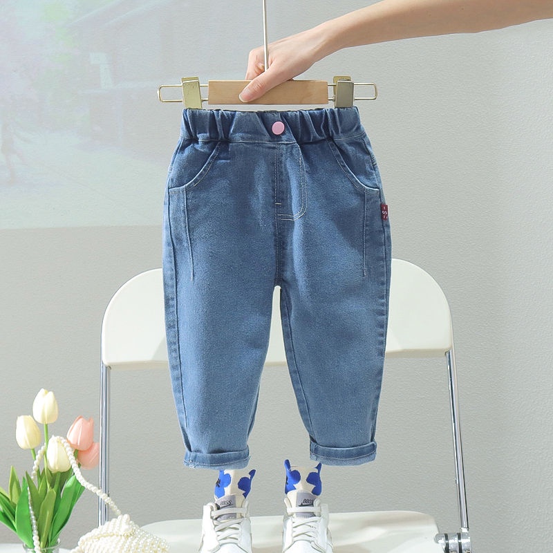 Quần Jeans Lưng Thun Phối Da Màu Trơn Dễ Thương Cho Bé Gái 0-4 Tuổi