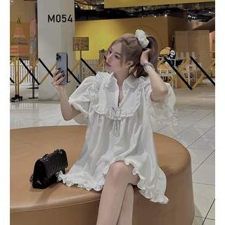 Váy Babydoll cúc bọc trắng cổ bèo, viền bèo tiểu thư