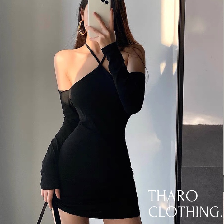 Đầm Body Cổ Yếm Cột Dây, Tay Dài Trễ Vai - Tharo Clothing