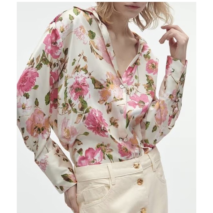 Áo Sơ Mi Zara Vải Lụa Satin Cổ V In Hoa Đóng Cúc Thời Trang Mùa Xuân 237969235