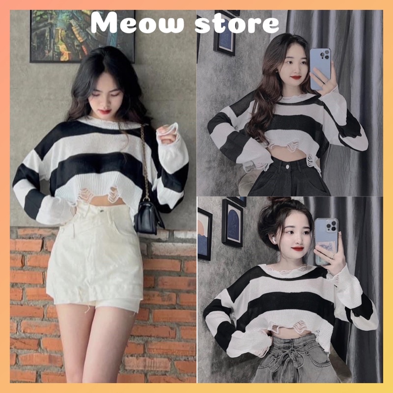 (GIÁ SỈ )Áo len MỎNG croptop tay dài rách tua rua sọc ngang Hot Girl Len Quảng Châu