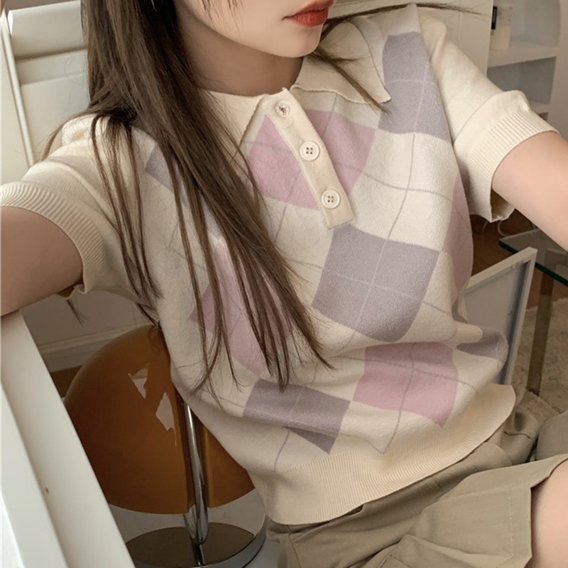 IELGY Áo Dệt Kim Ngắn Tay Họa Tiết Hình Thoi Thời Trang Cho Nữ