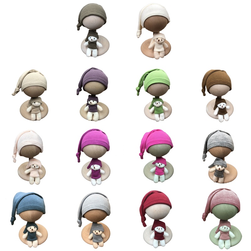 Set 2 Mũ Beanie Đính Nơ Đuôi Dài Dùng Làm Đạo Cụ Chụp Ảnh Cho Bé Sơ Sinh