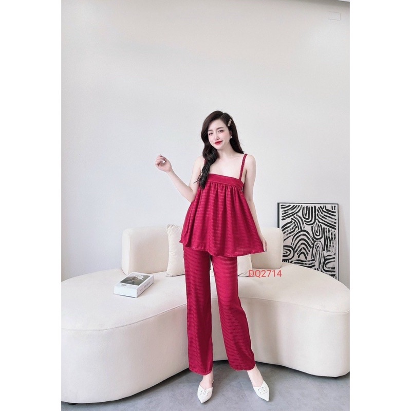 Set Bộ Gấm Xước Ánh Kim Áo Dây Thắt Tít Babydoll Quần Ống Rộng. Freesize 40-60kg ảnh thật