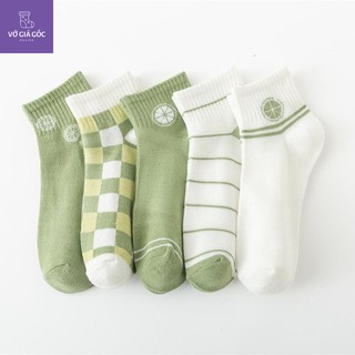 Combo 5 đôi tất vớ trắng xanh nữ quả chanh cổ ngắn cotton