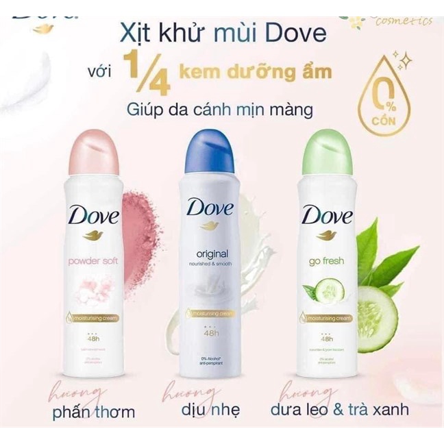 Xịt khử mùi nữ Dove ngăn ngừa mồ hôi và khô thoáng vùng da dưới cánh tay 150ml Châu Âu