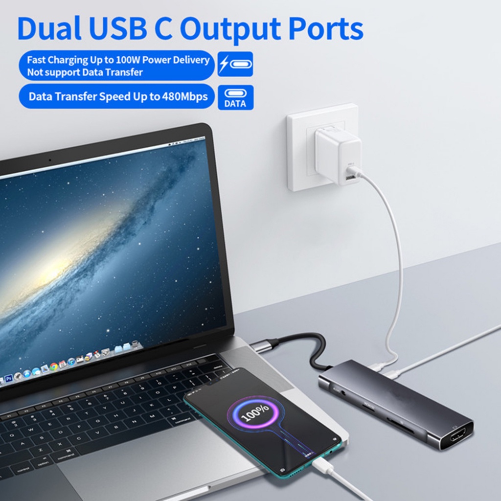 Trạm Sạc Nhanh PD Chuyển Đổi Cổng Type-C Sang HDMI 4K USB3.0 9 Trong 1 Cho Văn Phòng