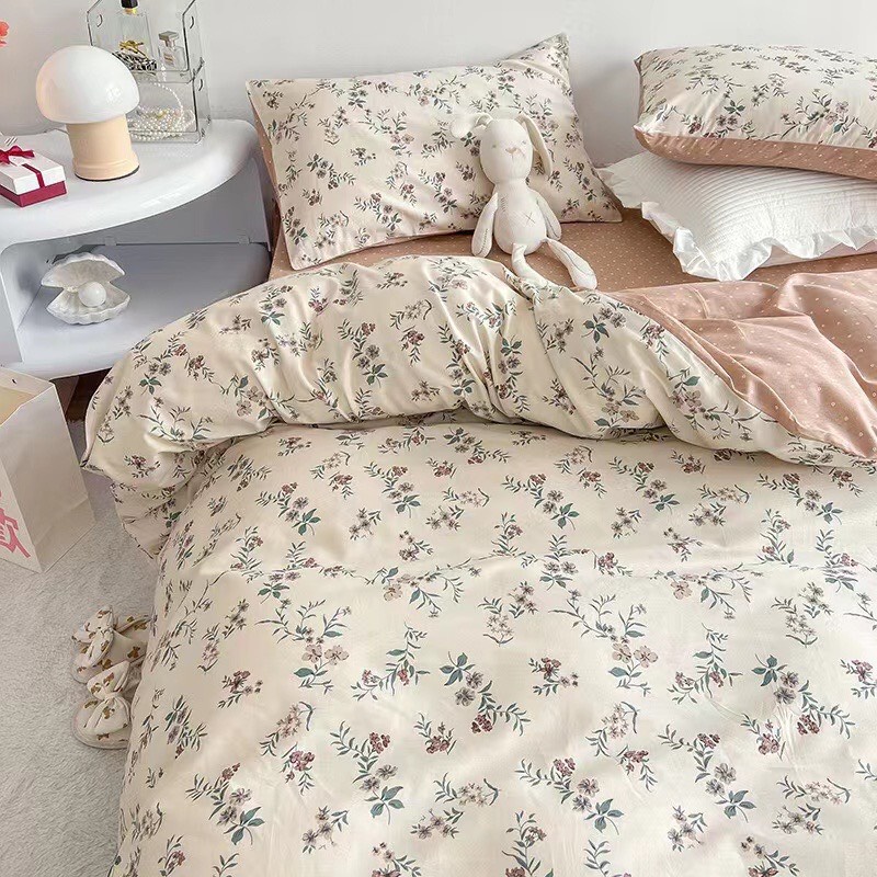 Chăn Ga Gối Cotton Living " Hồng Kẻ Đen " - Bộ Chăn Ga Gối Cotton 100% Nhập Khẩu 4 món